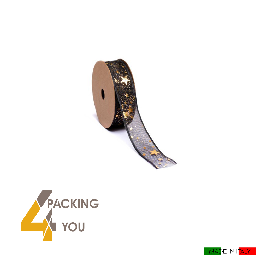 Nastro in tessuto nero con Stelle oro (1 pz) - Packing 4 You