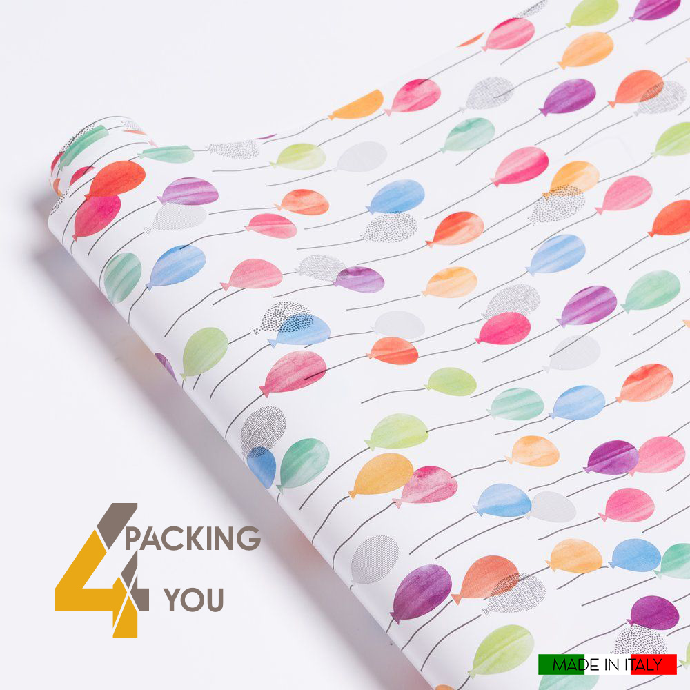 Rotolo carta regalo bianca con palloncini colorati (1 pz) - Packing 4 You